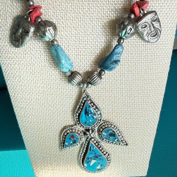 Angel Turquoise Angel Cross Pendant Necklace with Pewter Mask Beads - Picture 1 of 8